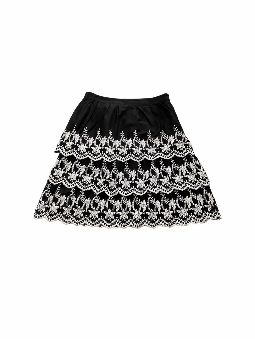 Venezia-Milano Black Cotton Embroidered Skirt Small Layered Casual Feminine